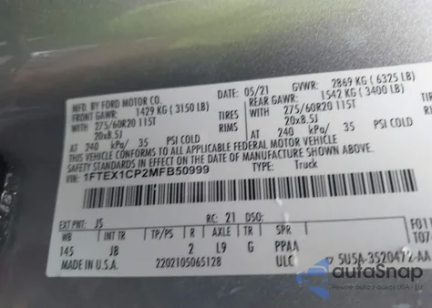 2021 Ford F-150 Xl z USA, uszkodzony, nr VIN 1FTEX1CP2MFB50999